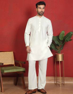 japanese fabric yoke design cream kurta with bell bottom pant 1