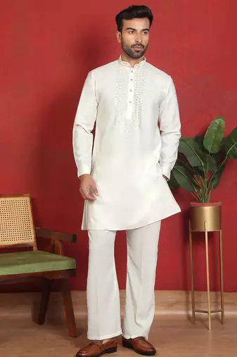 japanese fabric yoke design cream kurta with bell bottom pant