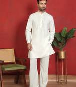 japanese fabric yoke design cream kurta with bell bottom pant