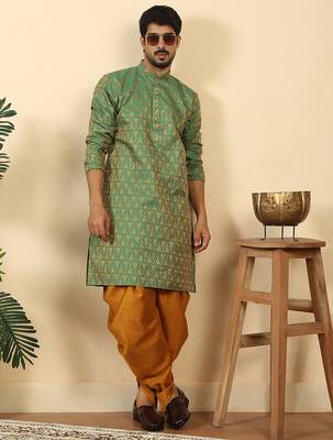 Silk blend jacquard paisley green kurta with mustard elastic dhoti 1