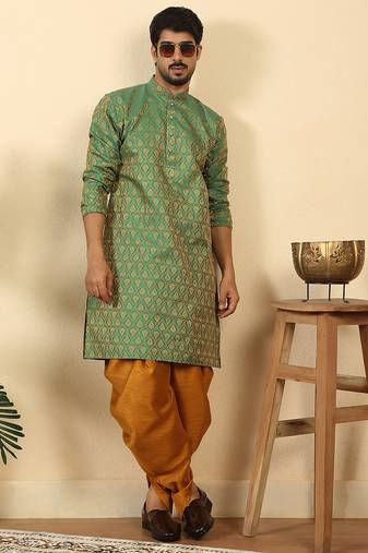 Silk blend jacquard paisley green kurta with mustard elastic dhoti