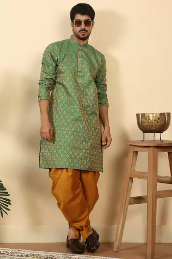 Silk blend jacquard paisley green kurta with mustard elastic dhoti