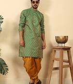 Silk blend jacquard paisley green kurta with mustard elastic dhoti