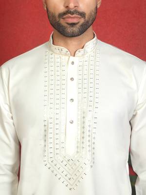 japanese fabric yoke design cream kurta with bell bottom pant 2
