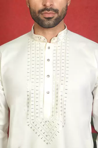 japanese fabric yoke design cream kurta with bell bottom pant