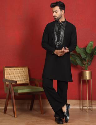 japanese fabric yoke design black kurta with bell bottom pant 1