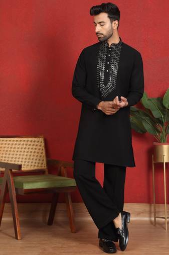 japanese fabric yoke design black kurta with bell bottom pant