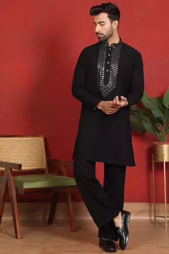 japanese fabric yoke design black kurta with bell bottom pant