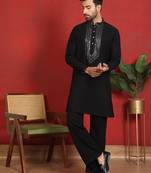 japanese fabric yoke design black kurta with bell bottom pant