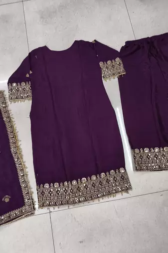 Purple real chinon readymade sharara salwar suit - full stitched