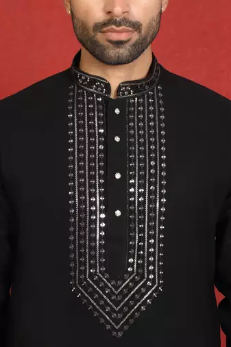 japanese fabric yoke design black kurta with bell bottom pant