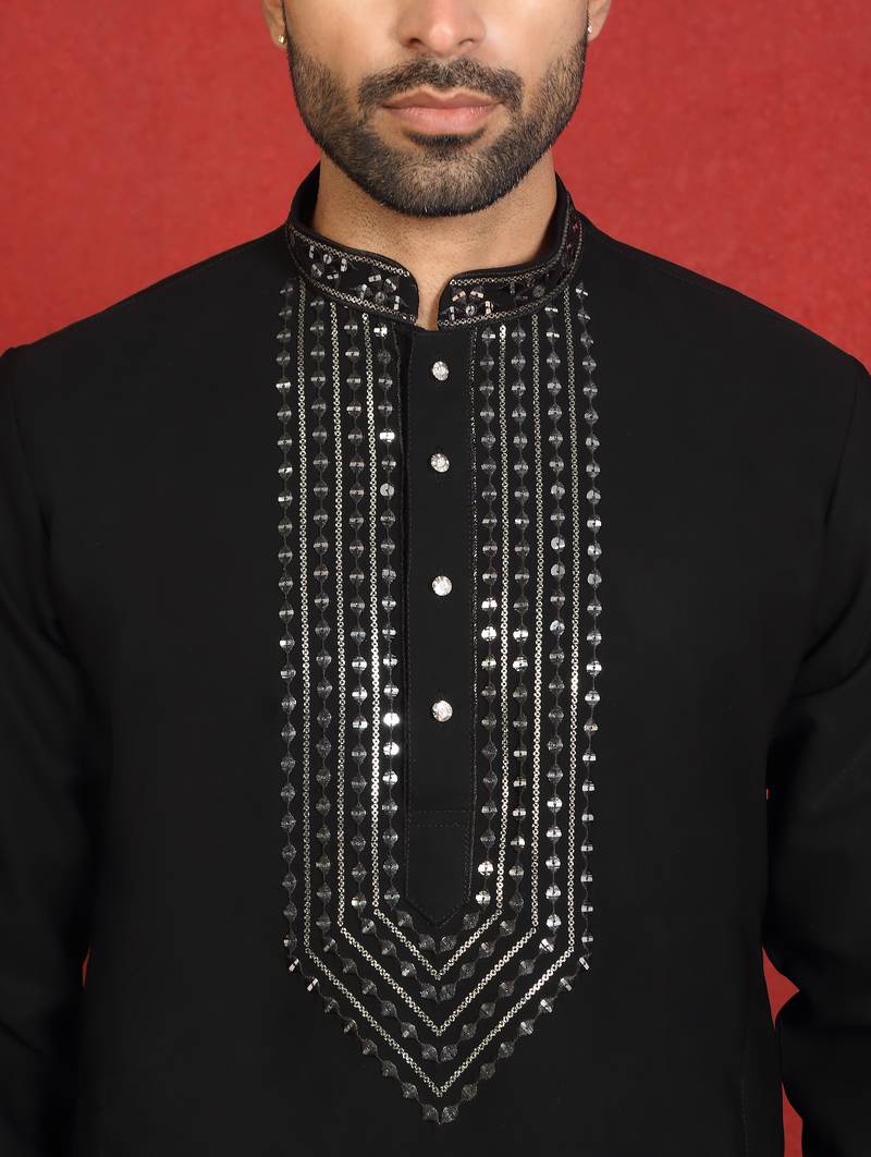 japanese fabric yoke design black kurta with bell bottom pant
