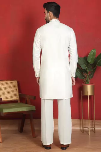 japanese fabric yoke design cream kurta with bell bottom pant