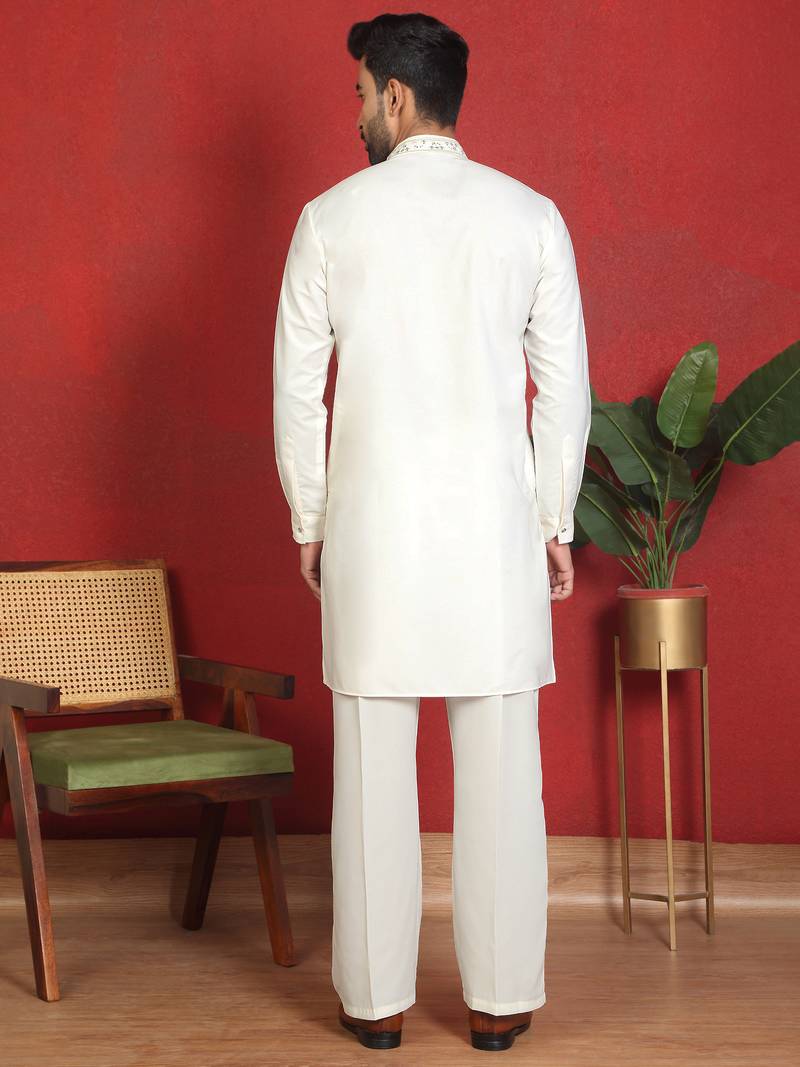 japanese fabric yoke design cream kurta with bell bottom pant