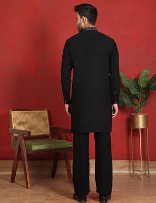 japanese fabric yoke design black kurta with bell bottom pant 3