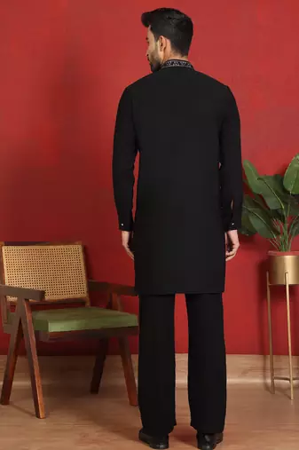 japanese fabric yoke design black kurta with bell bottom pant