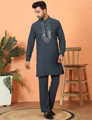 japanese fabric yoke design blue kurta with bell bottom pant 1