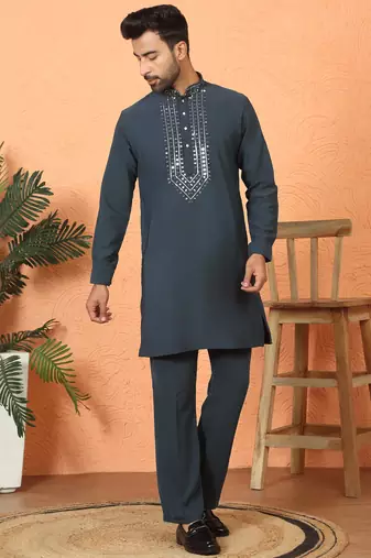 japanese fabric yoke design blue kurta with bell bottom pant