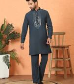 japanese fabric yoke design blue kurta with bell bottom pant