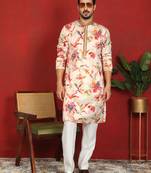 Cotton silk floral printed anchor neck work cream kurta set with white silk trouser