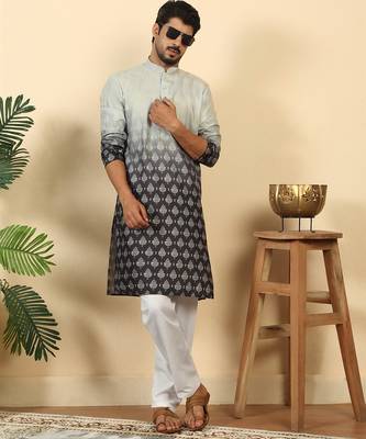 Ombre printed mandarin collar straight black kurta with pyjamas 1
