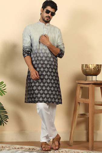 Ombre printed mandarin collar straight black kurta with pyjamas
