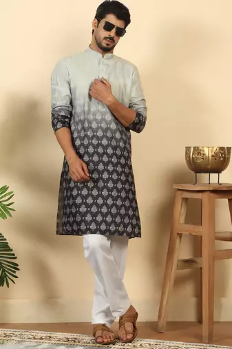 Ombre printed mandarin collar straight black kurta with pyjamas