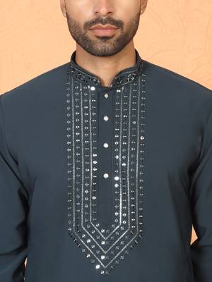 japanese fabric yoke design blue kurta with bell bottom pant 2