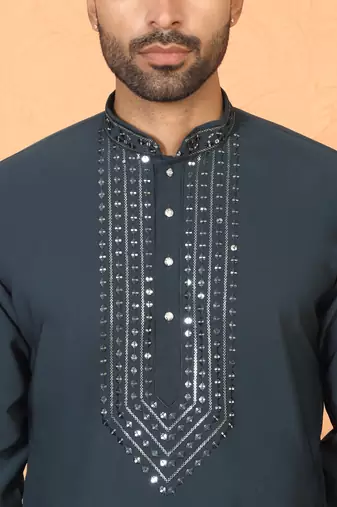 japanese fabric yoke design blue kurta with bell bottom pant