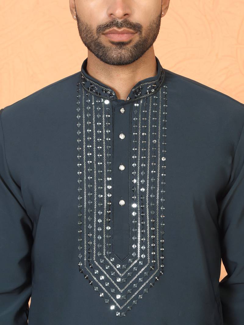 japanese fabric yoke design blue kurta with bell bottom pant