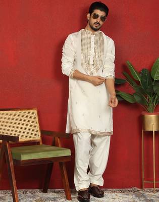 Cotton silk zari embroidered yoke design cream kurta with cream salwar 1