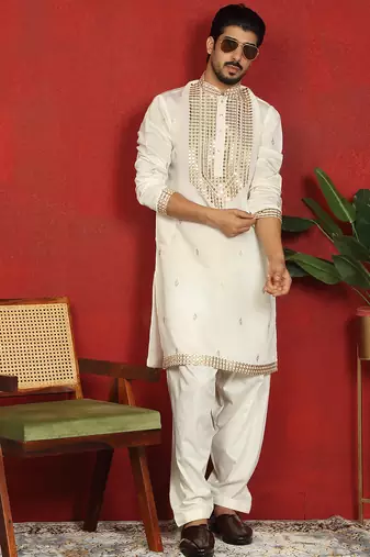 Cotton silk zari embroidered yoke design cream kurta with cream salwar