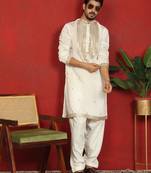 Cotton silk zari embroidered yoke design cream kurta with cream salwar