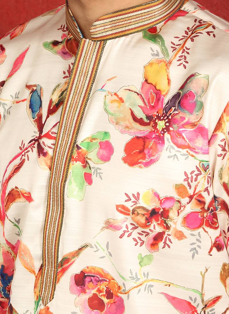 Cotton silk floral printed anchor neck work cream kurta set with white silk trouser