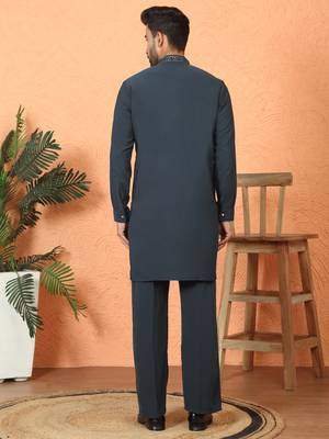 japanese fabric yoke design blue kurta with bell bottom pant 3