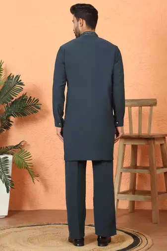 japanese fabric yoke design blue kurta with bell bottom pant