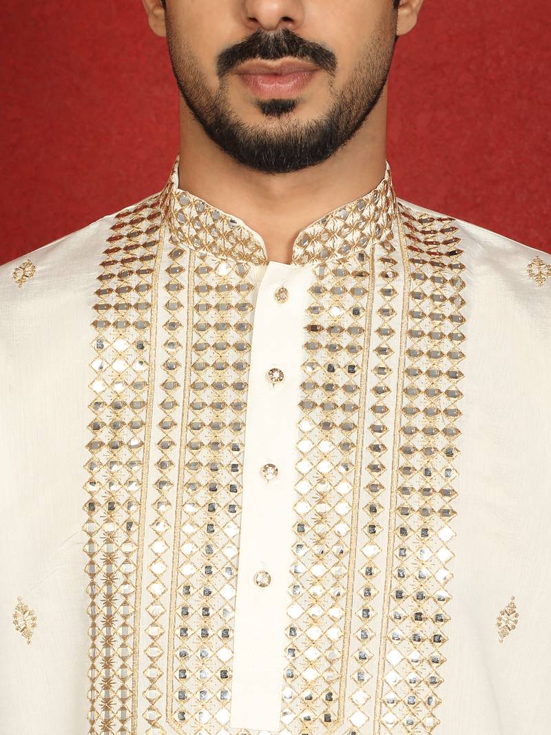 Cotton silk zari embroidered yoke design cream kurta with cream salwar