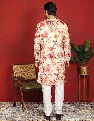 Cotton silk floral printed anchor neck work cream kurta set with white silk trouser 3