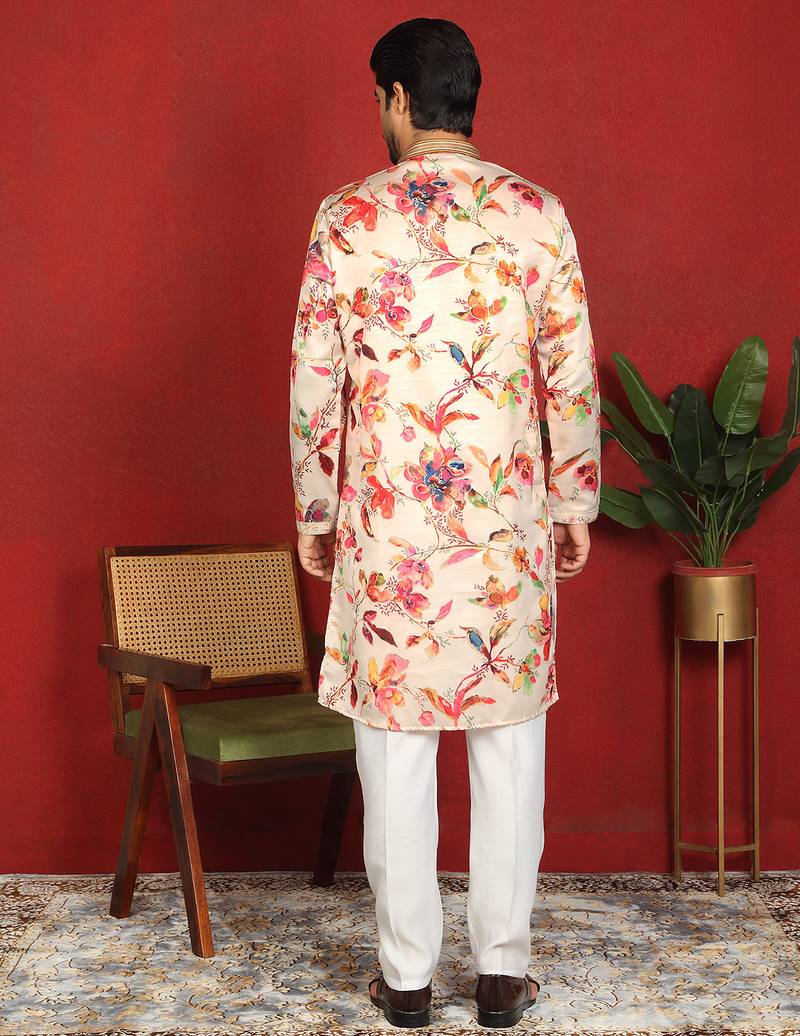 Cotton silk floral printed anchor neck work cream kurta set with white silk trouser