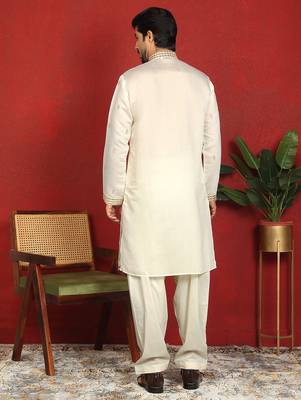 Cotton silk zari embroidered yoke design cream kurta with cream salwar 3
