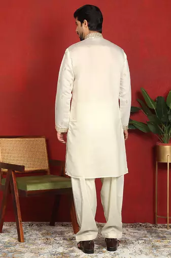Cotton silk zari embroidered yoke design cream kurta with cream salwar