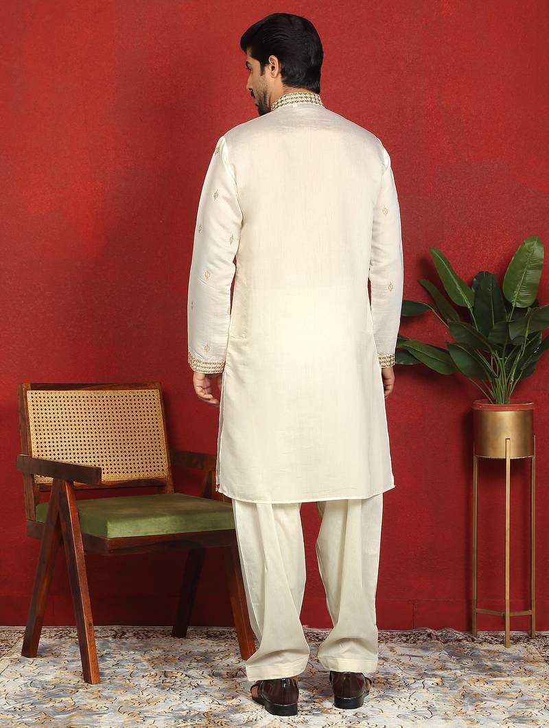 Cotton silk zari embroidered yoke design cream kurta with cream salwar