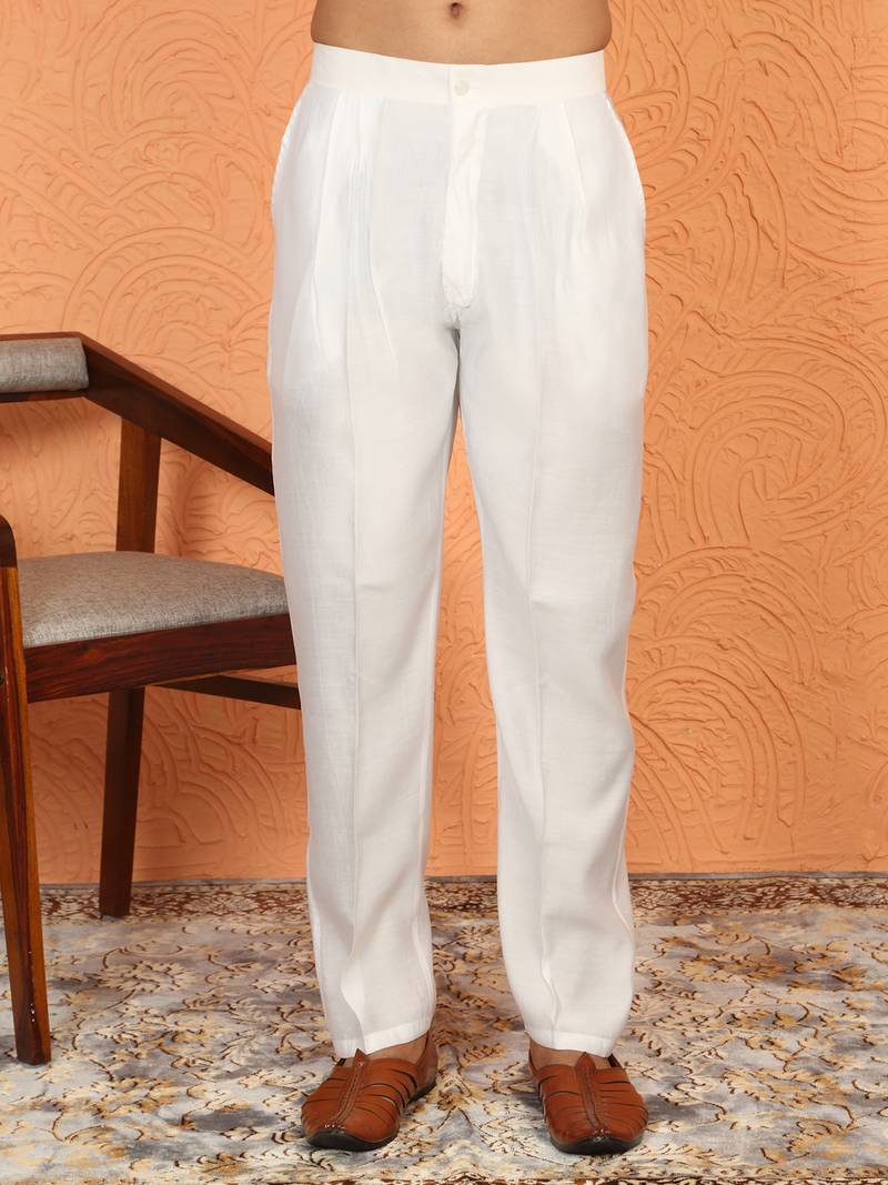 Cotton silk floral printed anchor neck work cream kurta set with white silk trouser