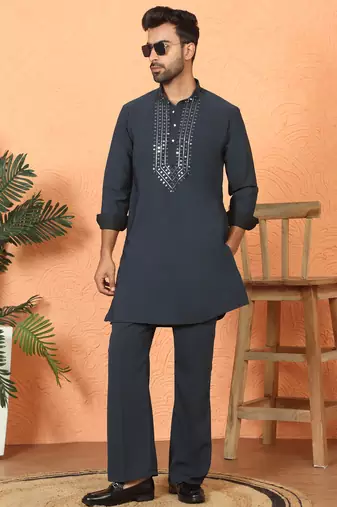 japanese fabric yoke design blue kurta with bell bottom pant