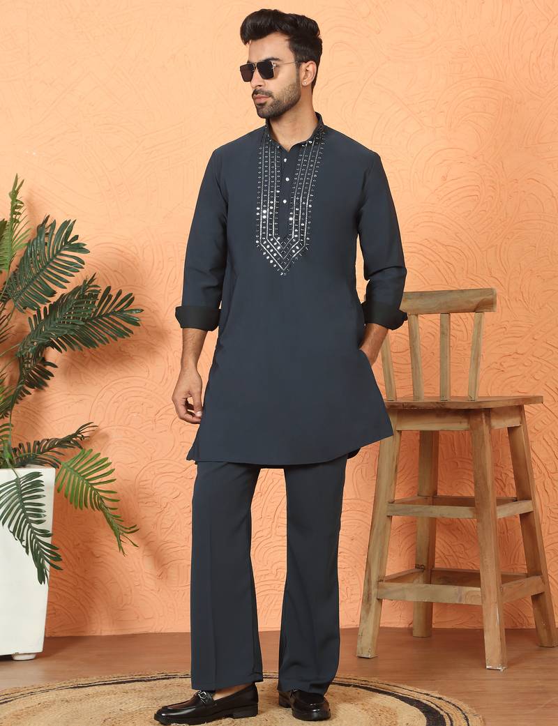 japanese fabric yoke design blue kurta with bell bottom pant