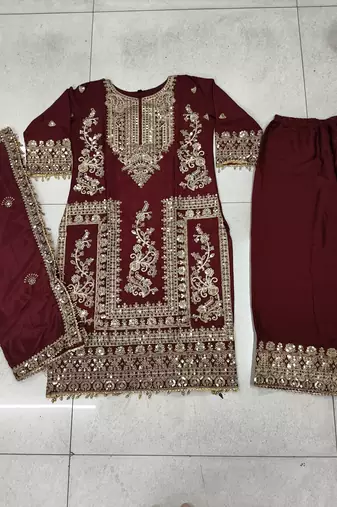 Red real chinon readymade sharara salwar suit - full stitched