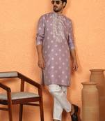 Silk jacquard embroidered woven design straight mauve kurta with white trouser