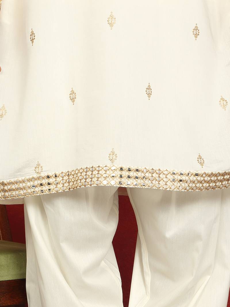 Cotton silk zari embroidered yoke design cream kurta with cream salwar