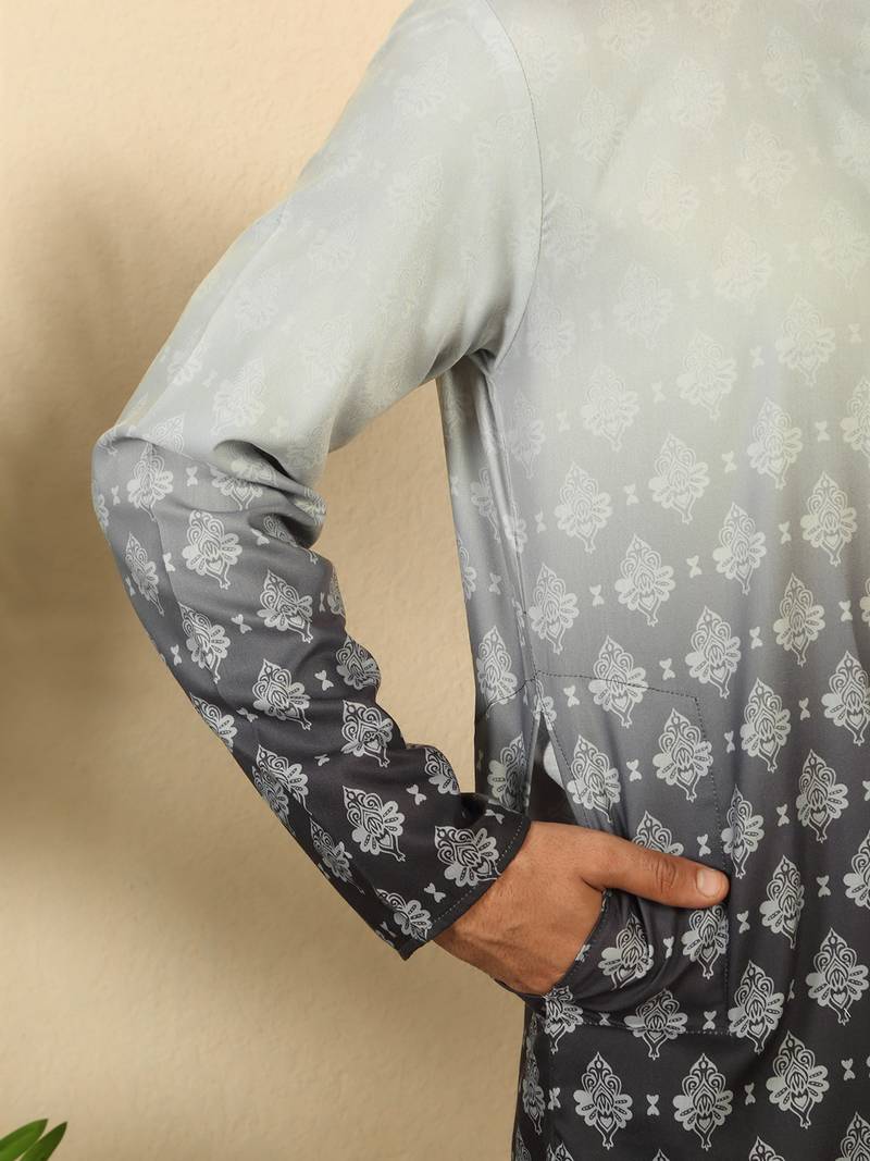 Ombre printed mandarin collar straight black kurta with pyjamas