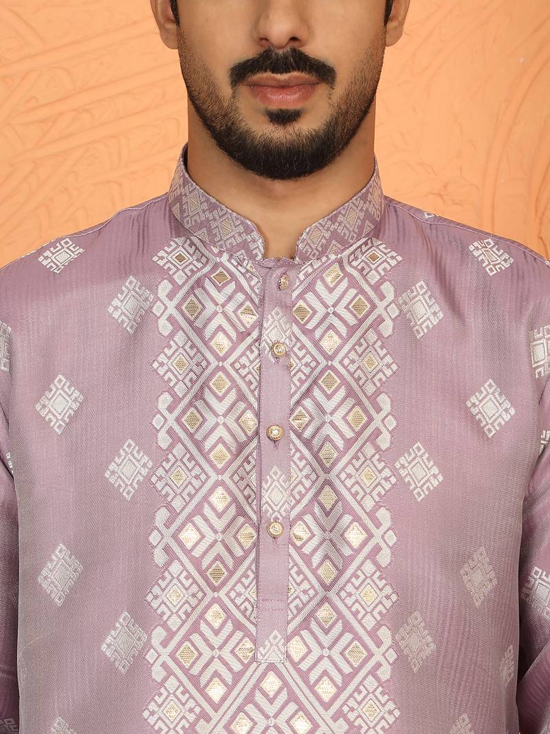 Silk jacquard embroidered woven design straight mauve kurta with white trouser